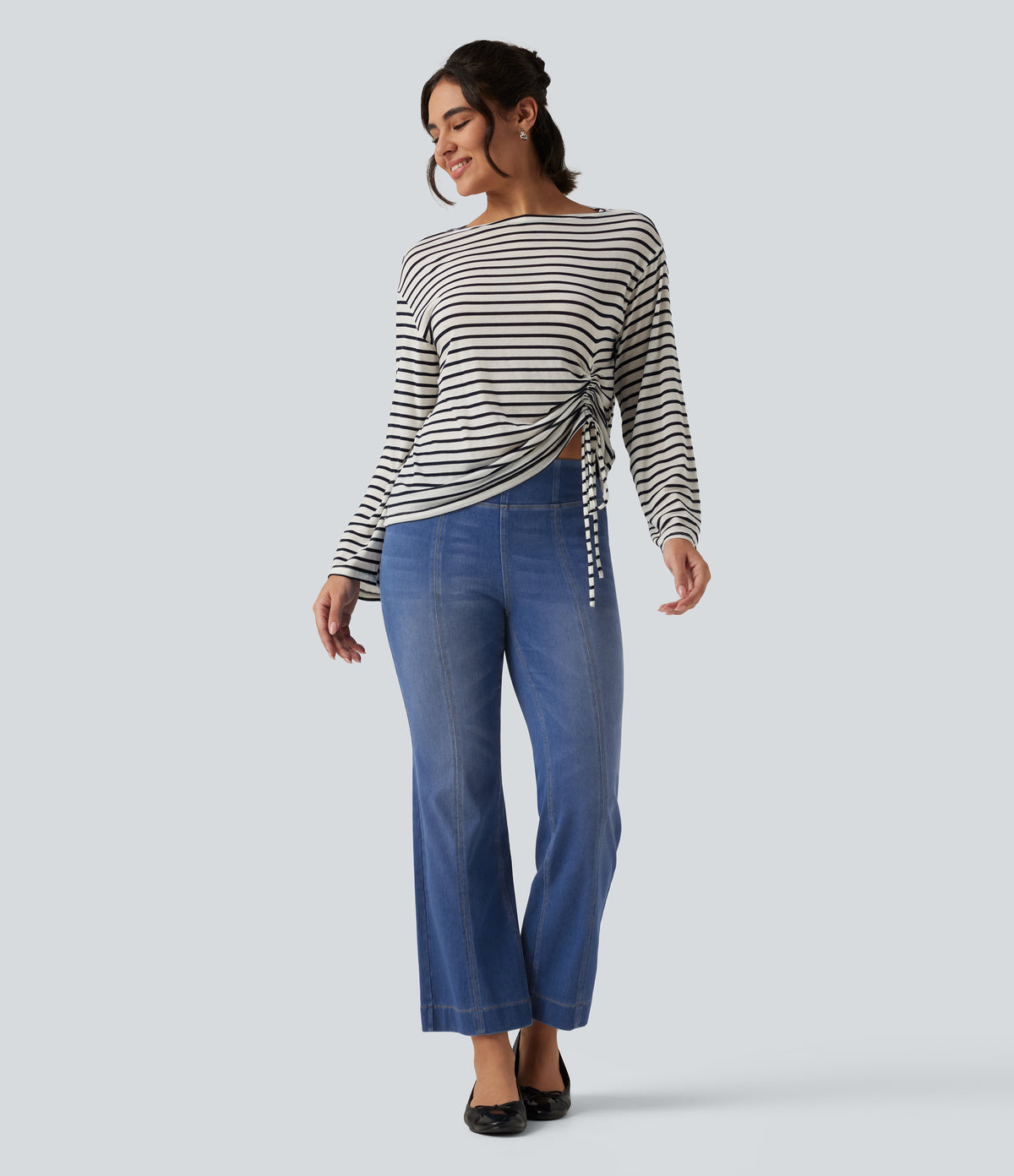 Mid Rise Bootcut Casual Cotton Jeans with Pockets — Gulf Stream Blue Denim — view 6