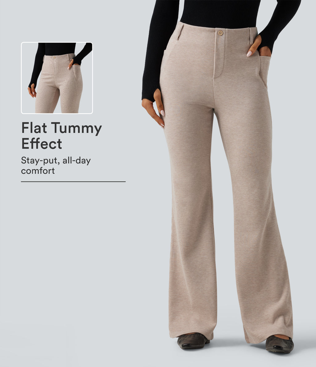 Ribbed High Waisted Tummy Control Casual Flare Trousers with Pockets — Oatstone Beige — view 1