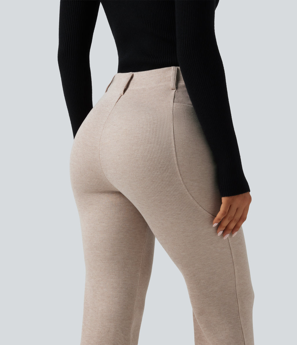 Ribbed High Waisted Tummy Control Casual Flare Trousers with Pockets — Oatstone Beige — view 5