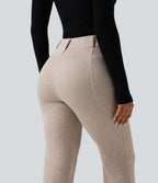 Ribbed High Waisted Tummy Control Casual Flare Trousers with Pockets — Oatstone Beige — view 5