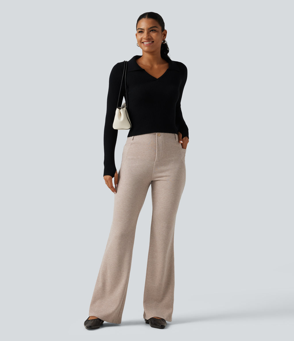 Ribbed High Waisted Tummy Control Casual Flare Trousers with Pockets — Oatstone Beige — view 7