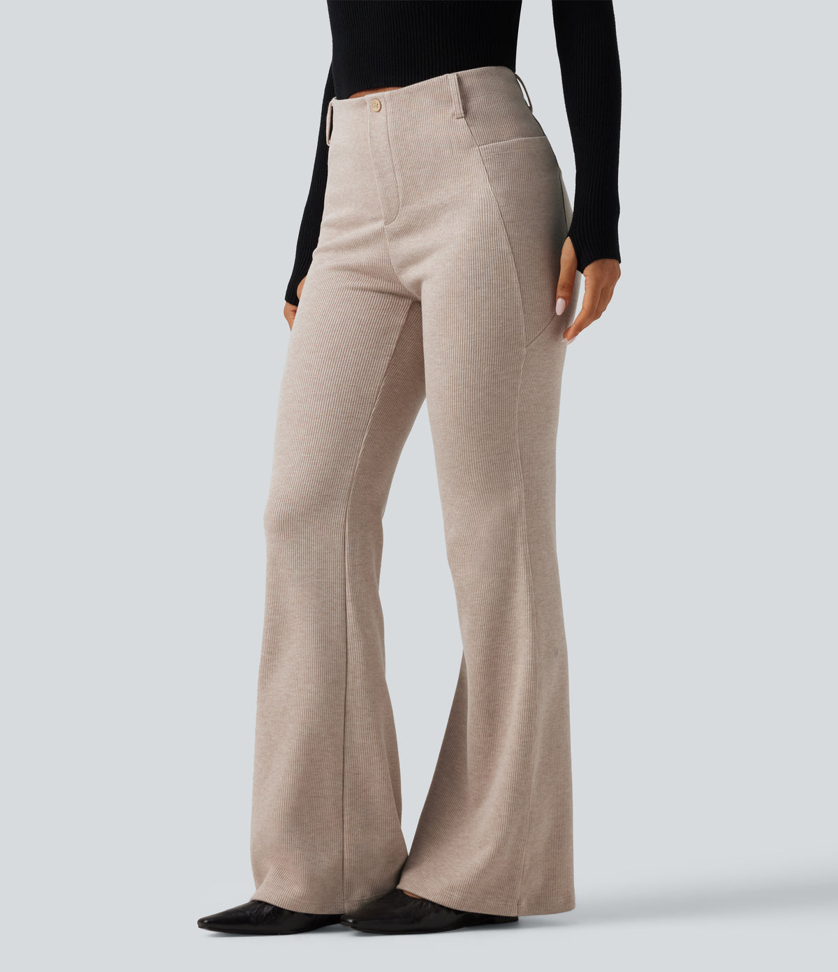 Ribbed High Waisted Tummy Control Casual Flare Trousers with Pockets — Oatstone Beige — view 3