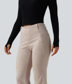 Ribbed High Waisted Tummy Control Casual Flare Trousers with Pockets — Oatstone Beige — view 4
