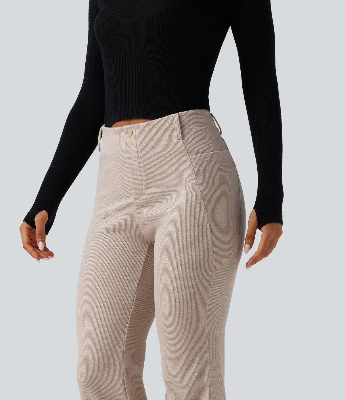 Ribbed High Waisted Tummy Control Casual Flare Trousers with Pockets — Oatstone Beige — view 4