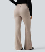 Ribbed High Waisted Tummy Control Casual Flare Trousers with Pockets — Oatstone Beige — view 2
