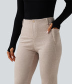 Ribbed High Waisted Tummy Control Casual Flare Trousers with Pockets — Oatstone Beige — view 6