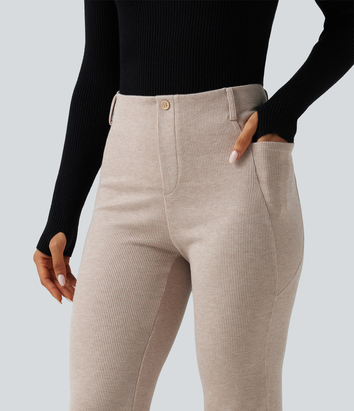 Ribbed High Waisted Tummy Control Casual Flare Trousers with Pockets — Oatstone Beige — view 6