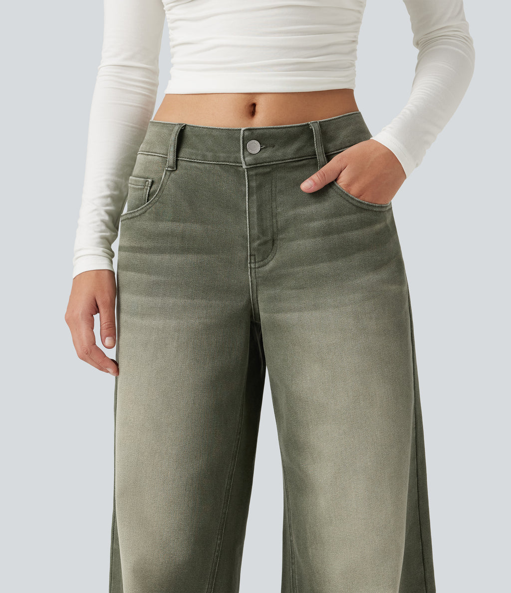 Low Rise Wide Leg Colorful Casual Jeans with Pockets — Beach Pebble Green — view 5