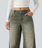 Low Rise Wide Leg Colorful Casual Jeans with Pockets — Beach Pebble Green — view 5