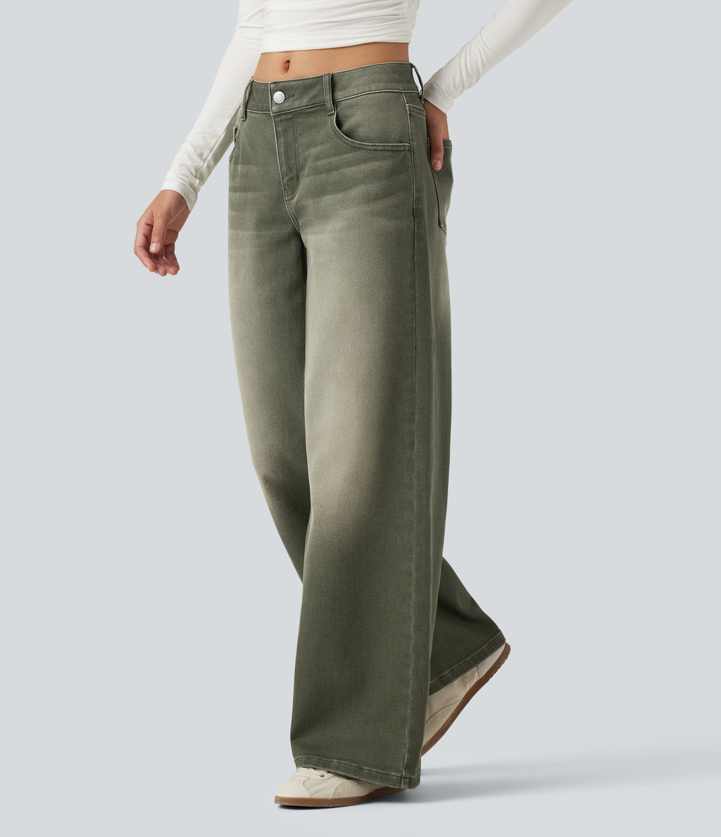 Low Rise Wide Leg Colorful Casual Jeans with Pockets — Beach Pebble Green — view 3