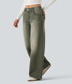 Low Rise Wide Leg Colorful Casual Jeans with Pockets — Beach Pebble Green — view 3
