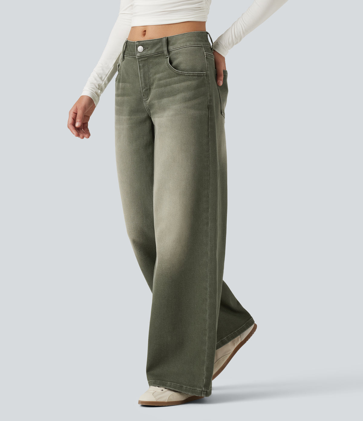 Low Rise Wide Leg Colorful Casual Jeans with Pockets — Beach Pebble Green — view 3