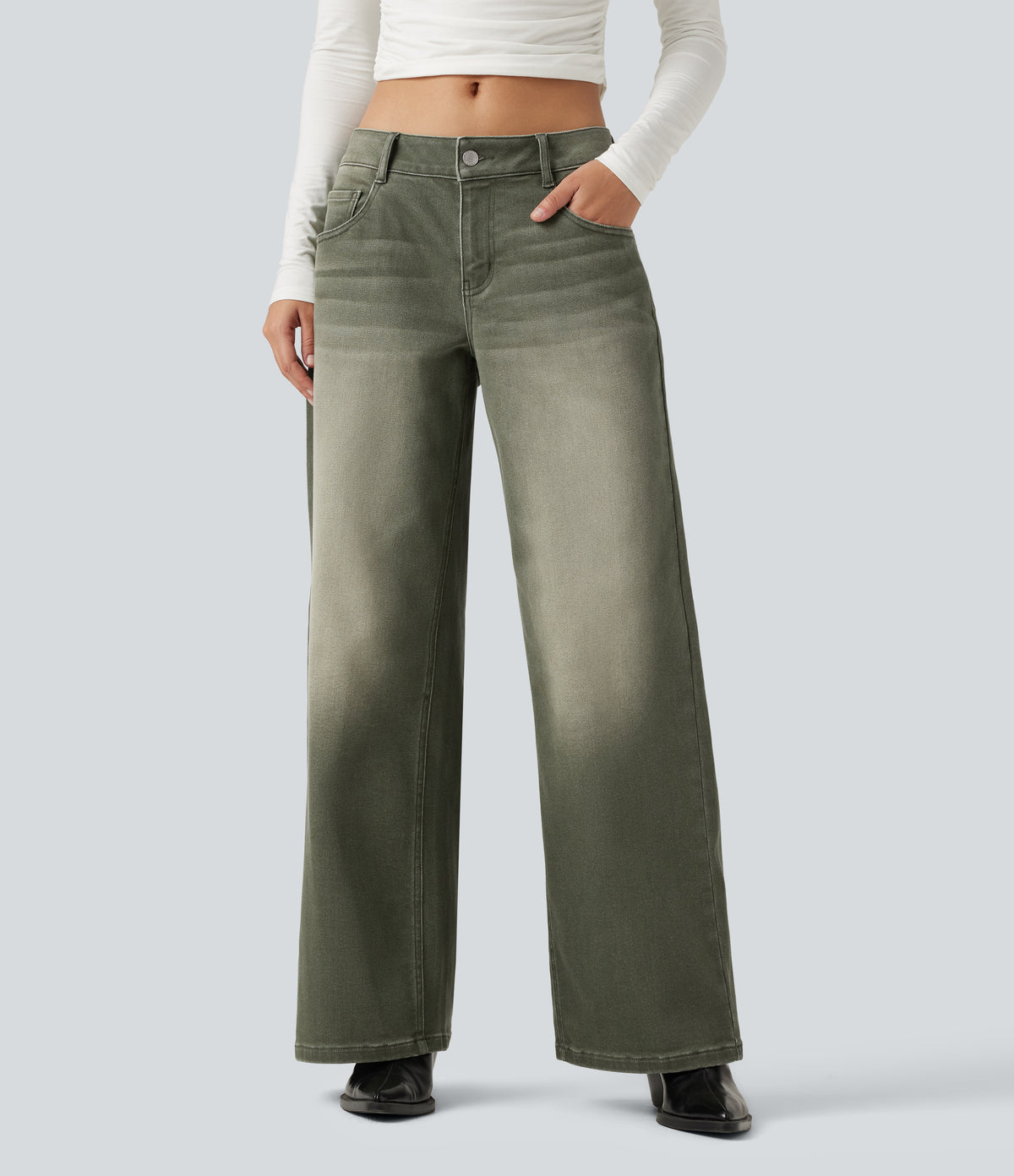 Low Rise Wide Leg Colorful Casual Jeans with Pockets — Beach Pebble Green — view 4