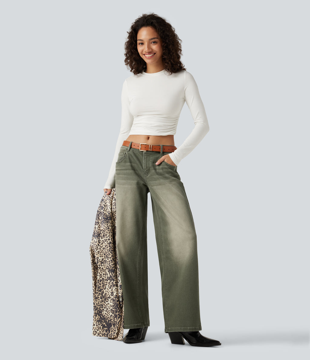 Low Rise Wide Leg Colorful Casual Jeans with Pockets — Beach Pebble Green — view 8