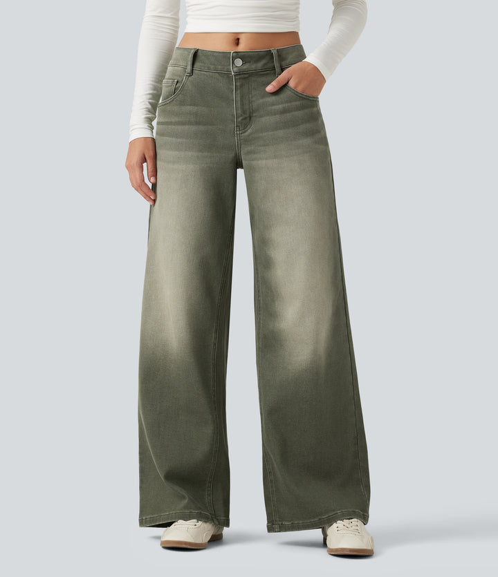 Low Rise Wide Leg Colorful Casual Jeans with Pockets — Beach Pebble Green — view 1