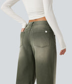 Low Rise Wide Leg Colorful Casual Jeans with Pockets — Beach Pebble Green — view 6