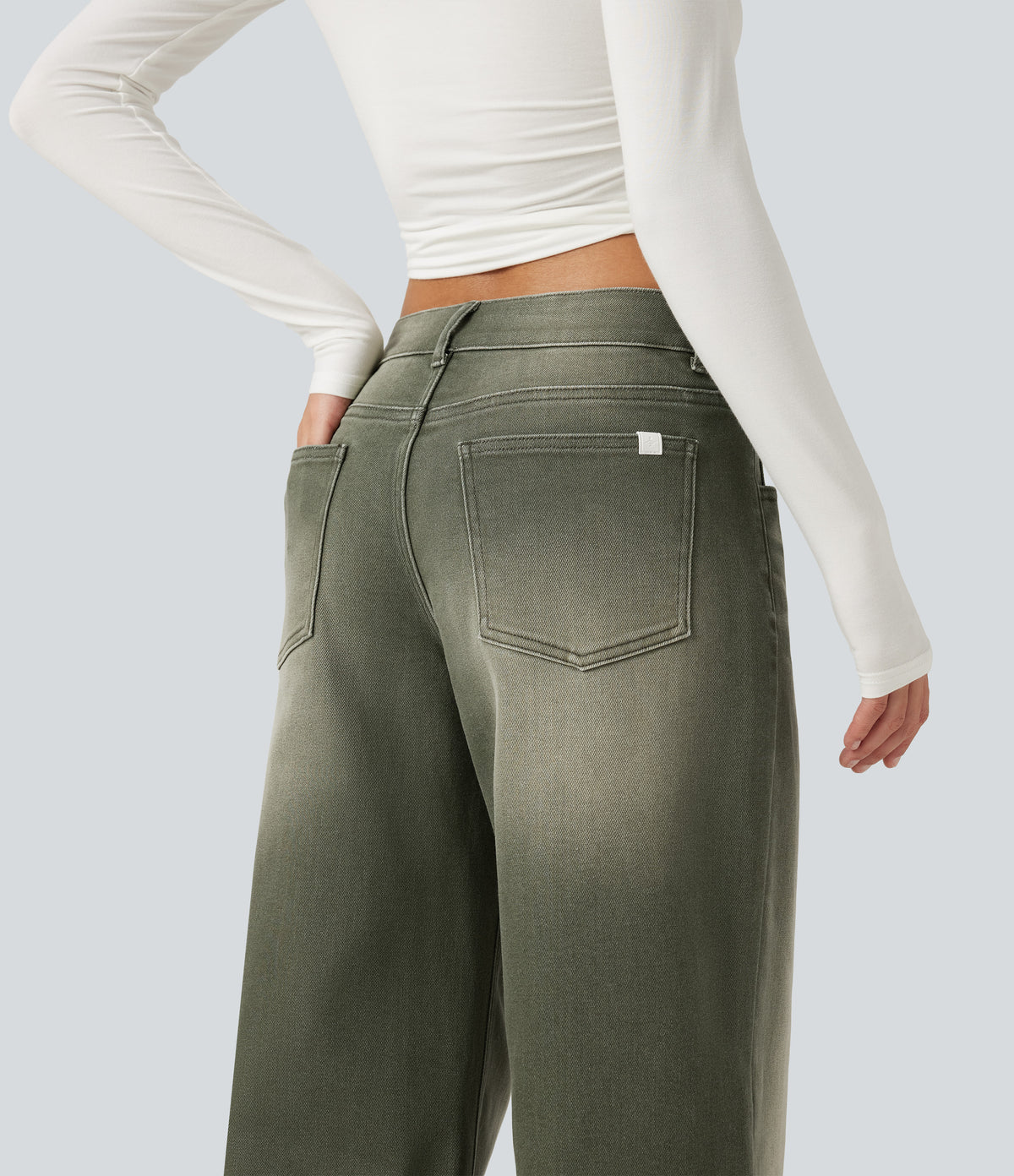 Low Rise Wide Leg Colorful Casual Jeans with Pockets — Beach Pebble Green — view 6