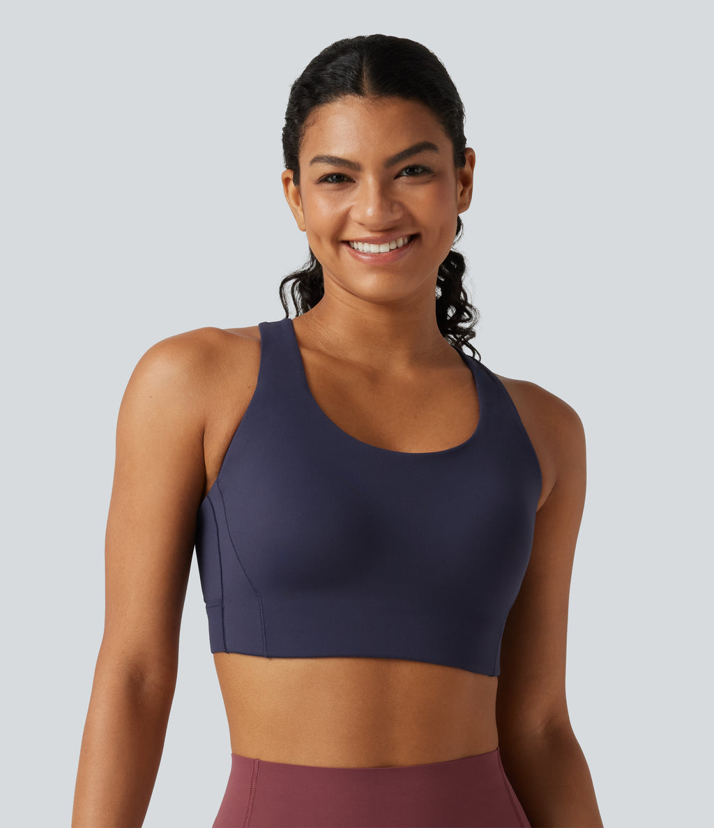 High Support U-Neck Cut-Out Back Non-Removable Pad Running Sports Bra — Always in a Mood - Dark Blue — view 2