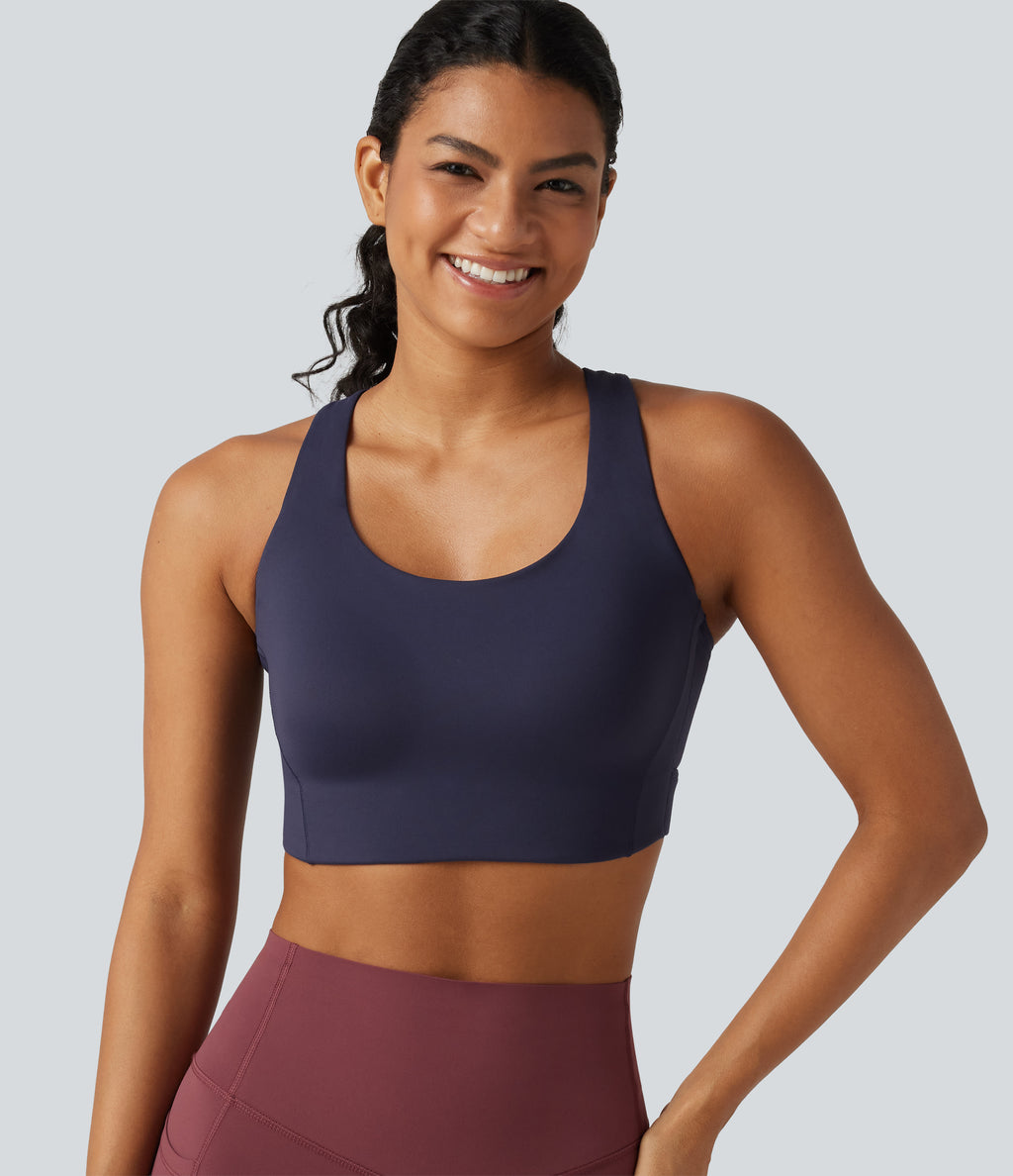 High Support U-Neck Cut-Out Back Non-Removable Pad Running Sports Bra — Always in a Mood - Dark Blue — view 4