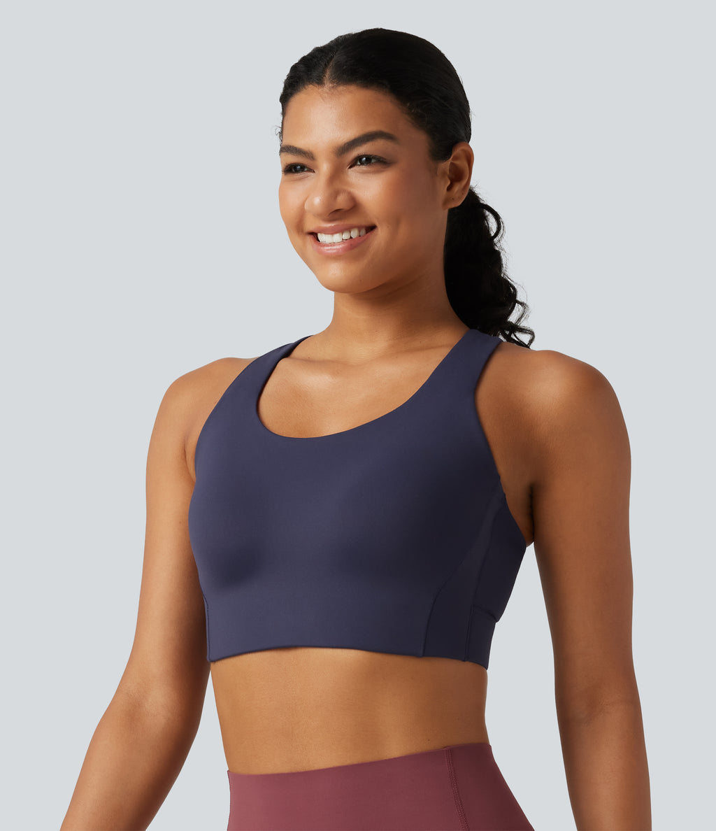 High Support U-Neck Cut-Out Back Non-Removable Pad Running Sports Bra — Always in a Mood - Dark Blue — view 3