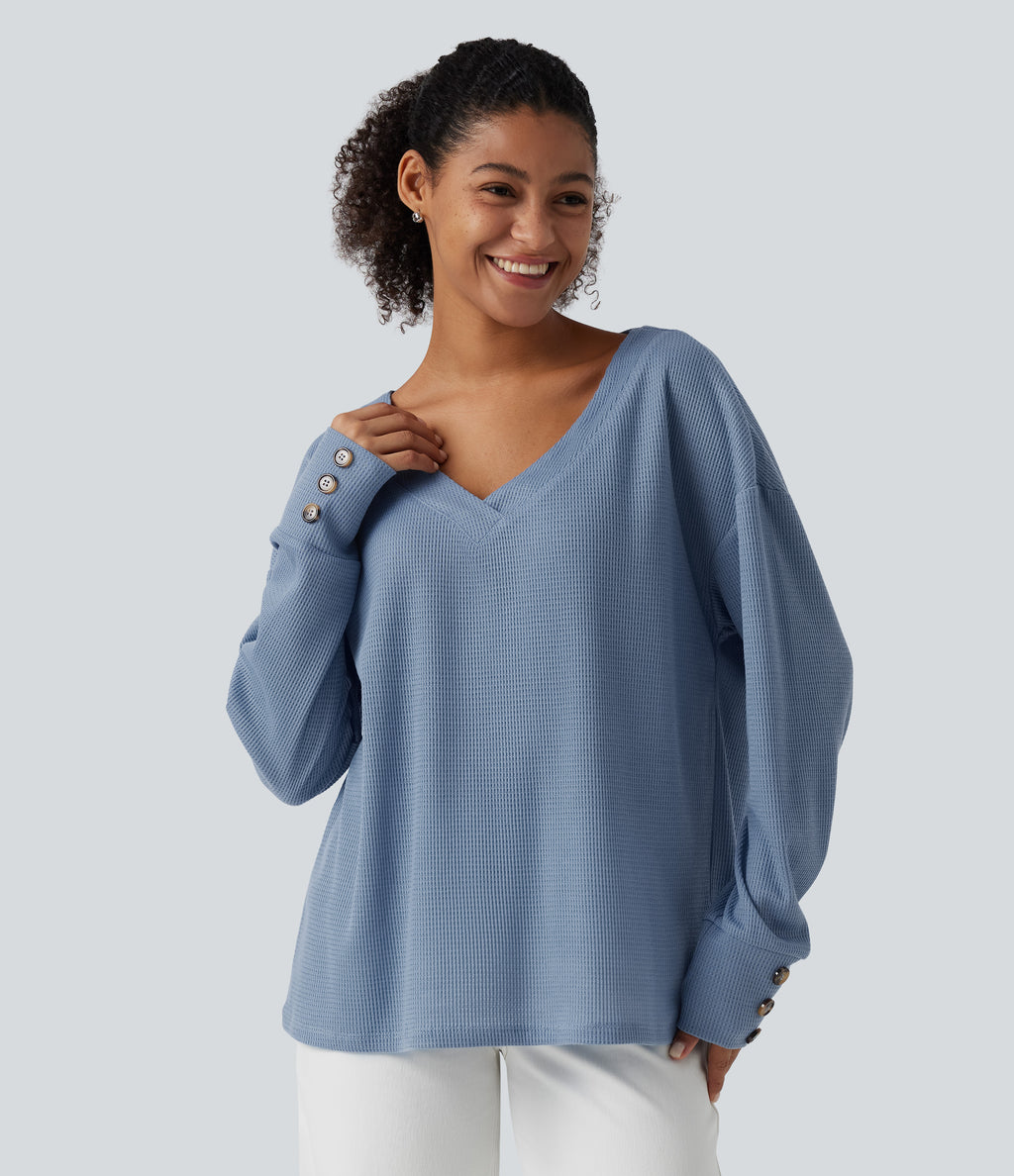 V Neck Long Sleeve Waffle Casual Top — Soft Chambray — view 4