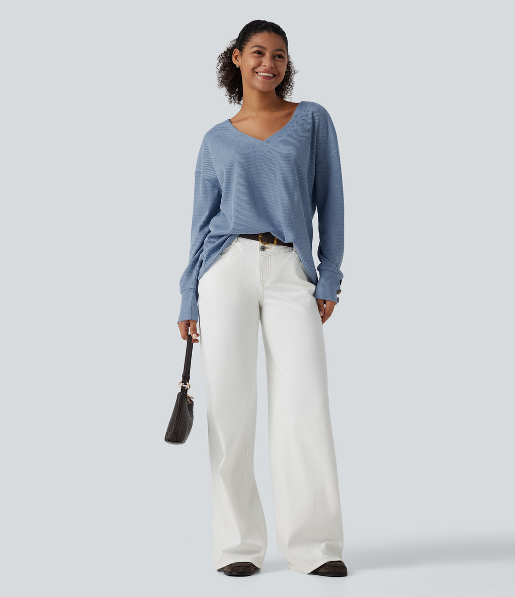 V Neck Long Sleeve Waffle Casual Top — Soft Chambray — view 7