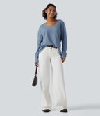 V Neck Long Sleeve Waffle Casual Top — Soft Chambray — view 7