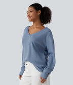 V Neck Long Sleeve Waffle Casual Top — Soft Chambray — view 3