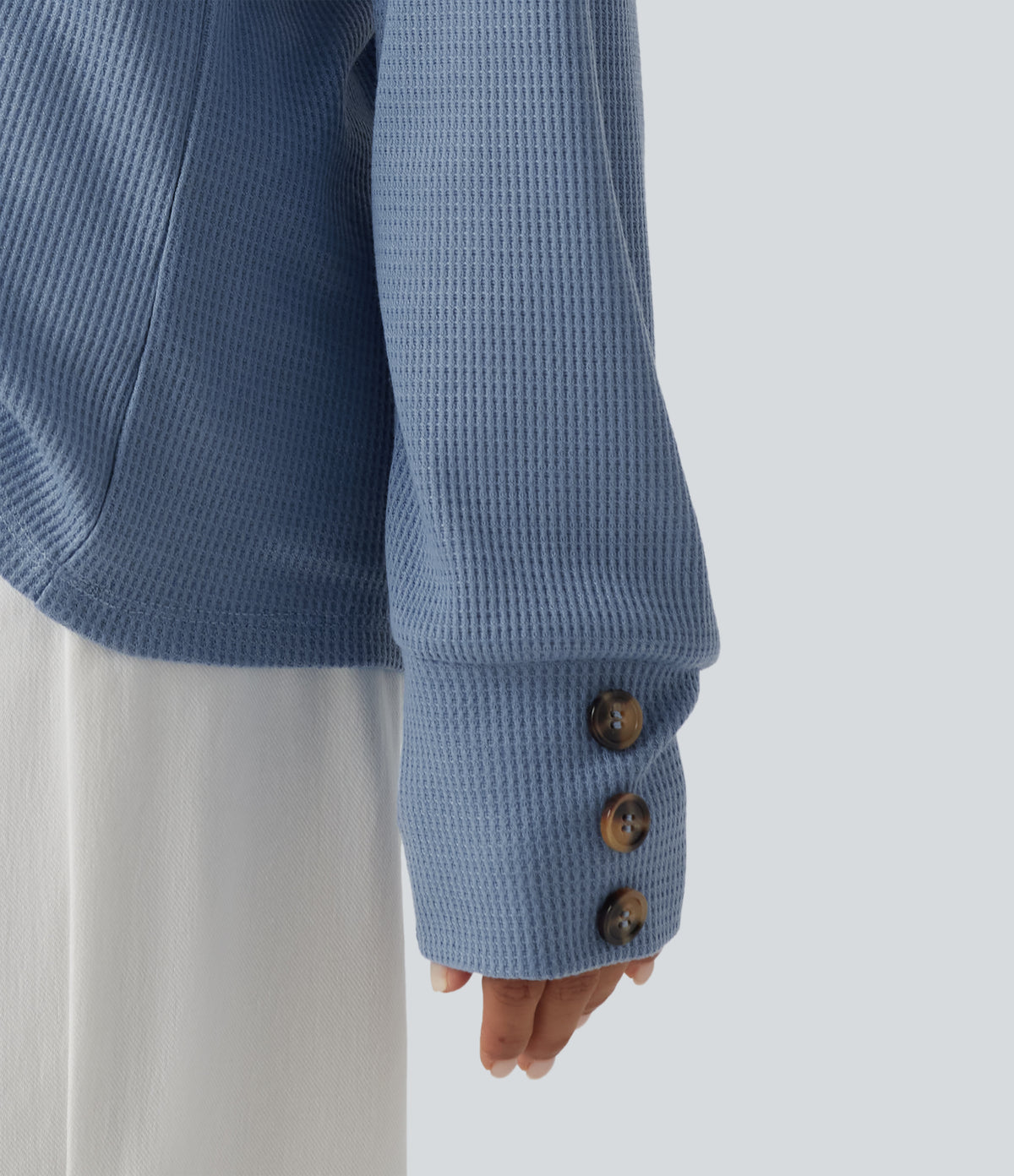 V Neck Long Sleeve Waffle Casual Top — Soft Chambray — view 5