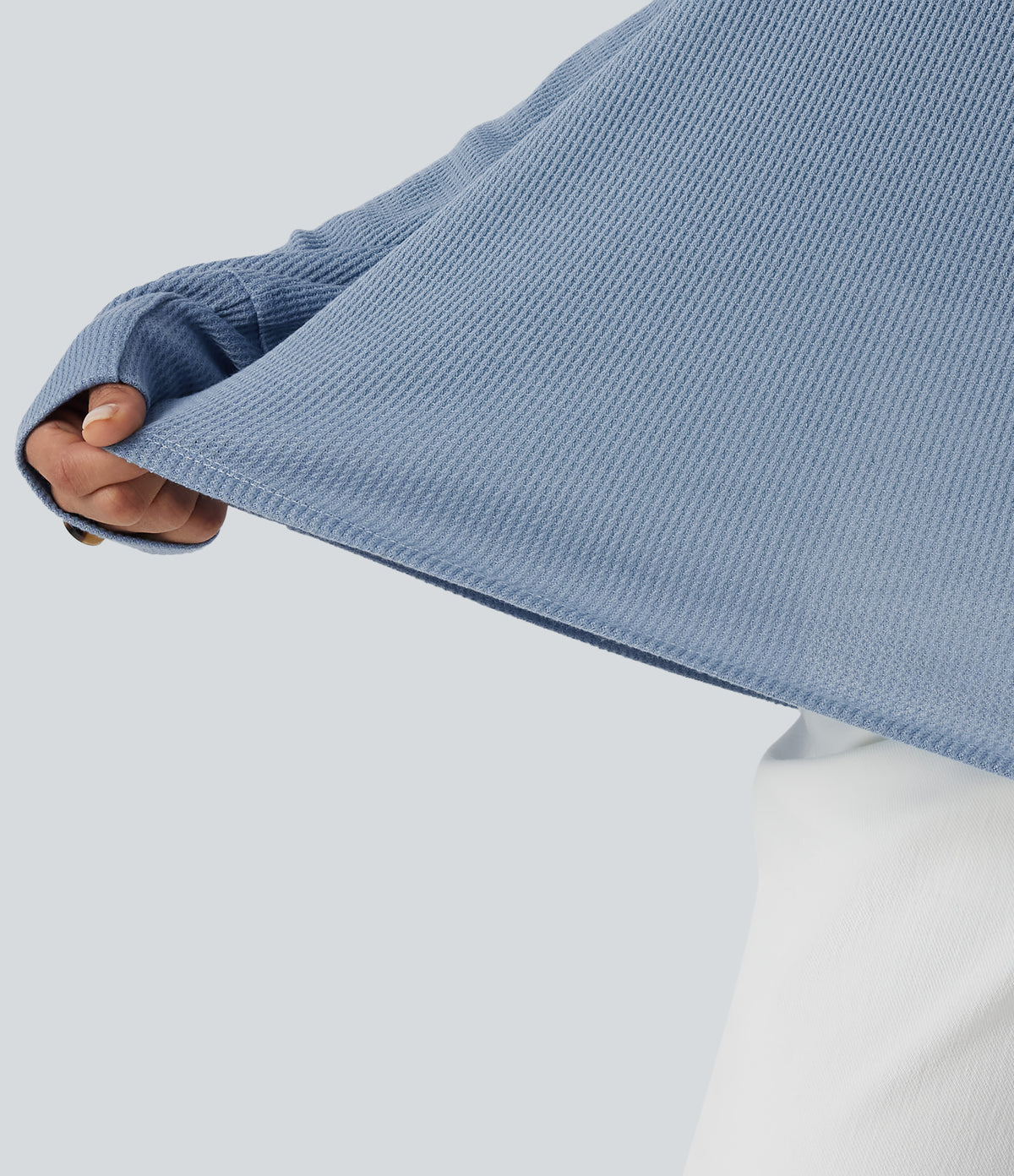 V Neck Long Sleeve Waffle Casual Top — Soft Chambray — view 6