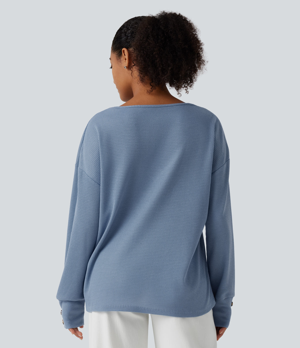 V Neck Long Sleeve Waffle Casual Top — Soft Chambray — view 2