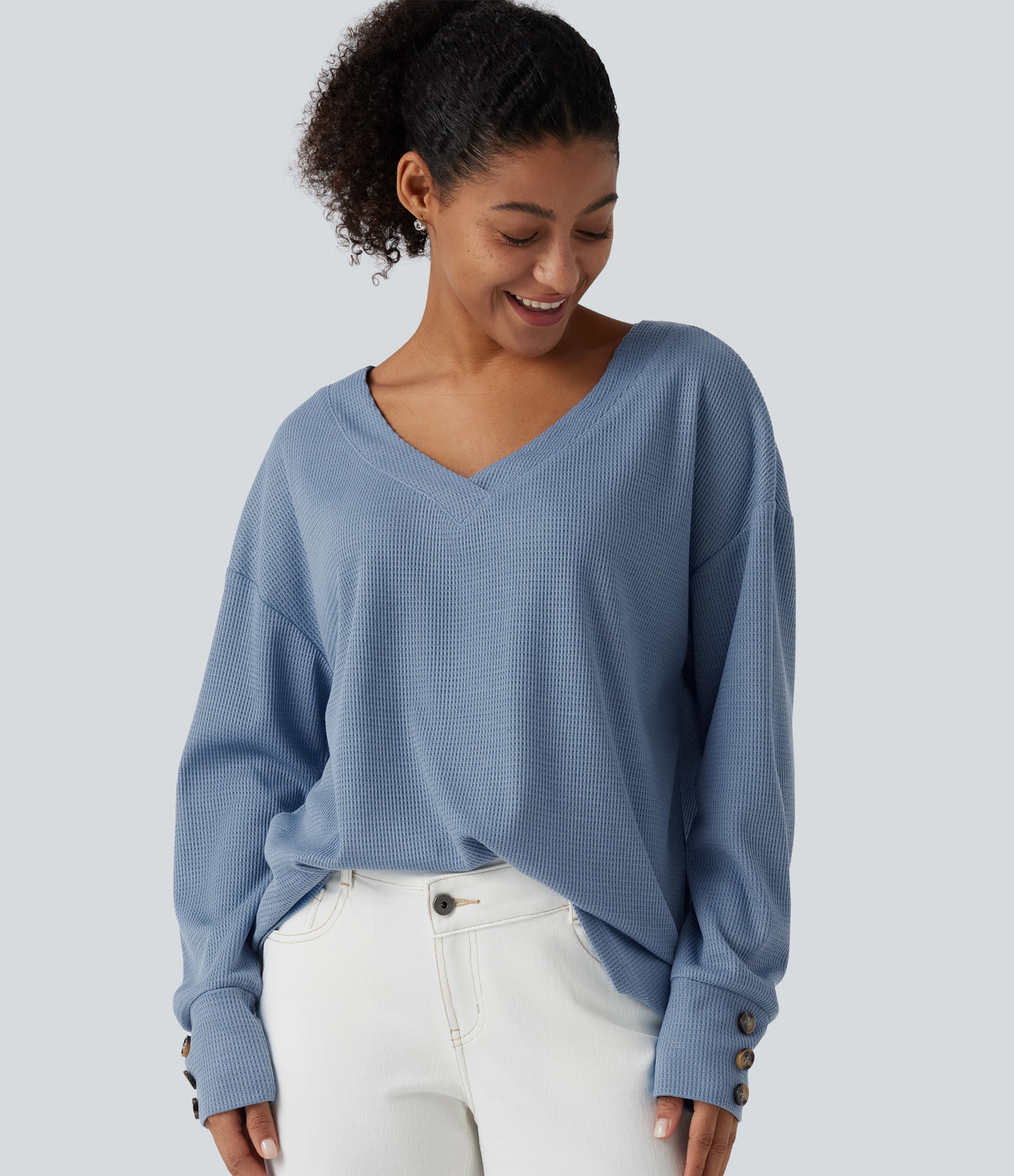 V Neck Long Sleeve Waffle Casual Top — Soft Chambray — view 1