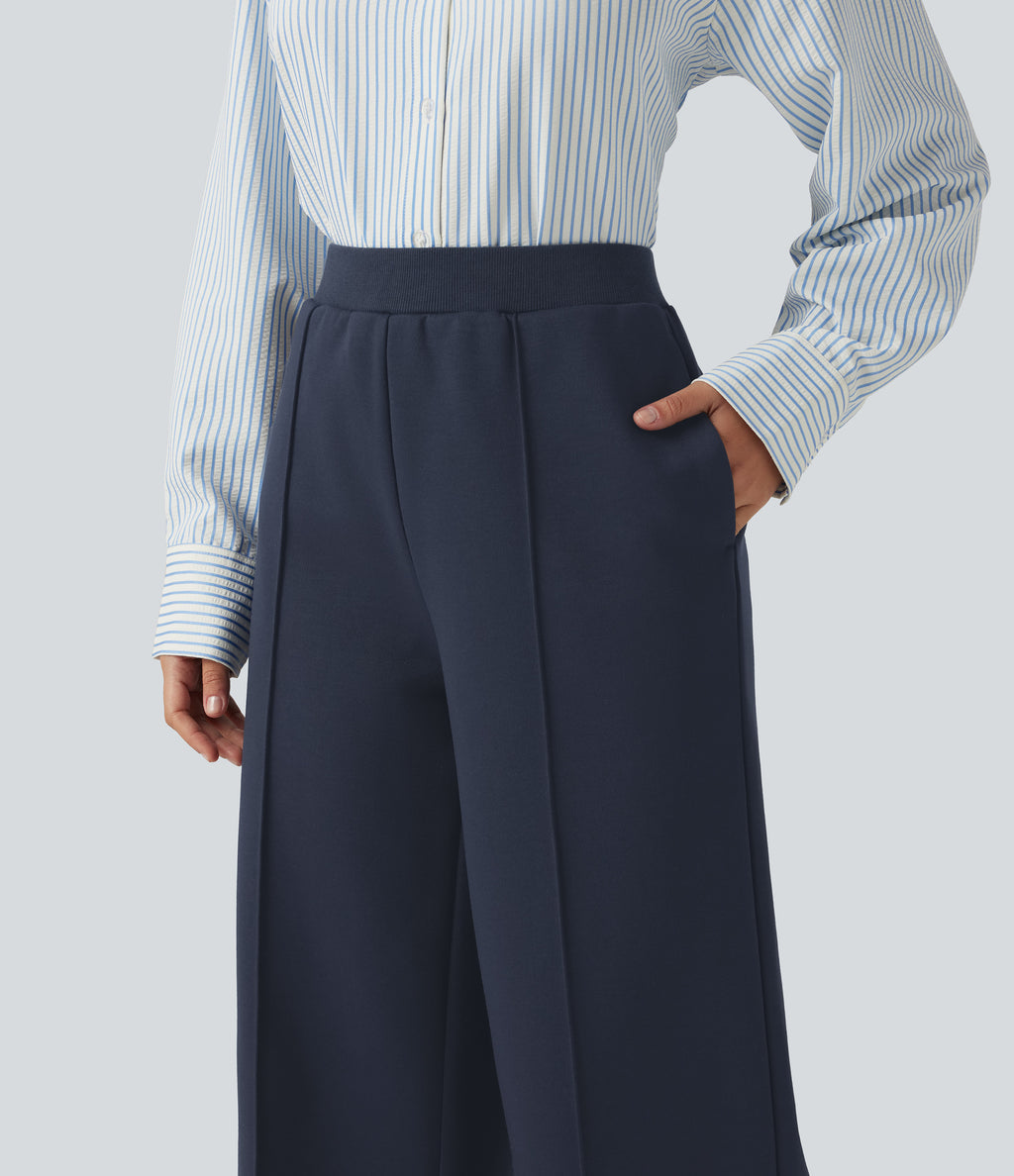 High Waisted Drawstring Straight Leg Casual Cotton Trousers with Pockets — Navy Blazer — view 5