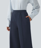 High Waisted Drawstring Straight Leg Casual Cotton Trousers with Pockets — Navy Blazer — view 5