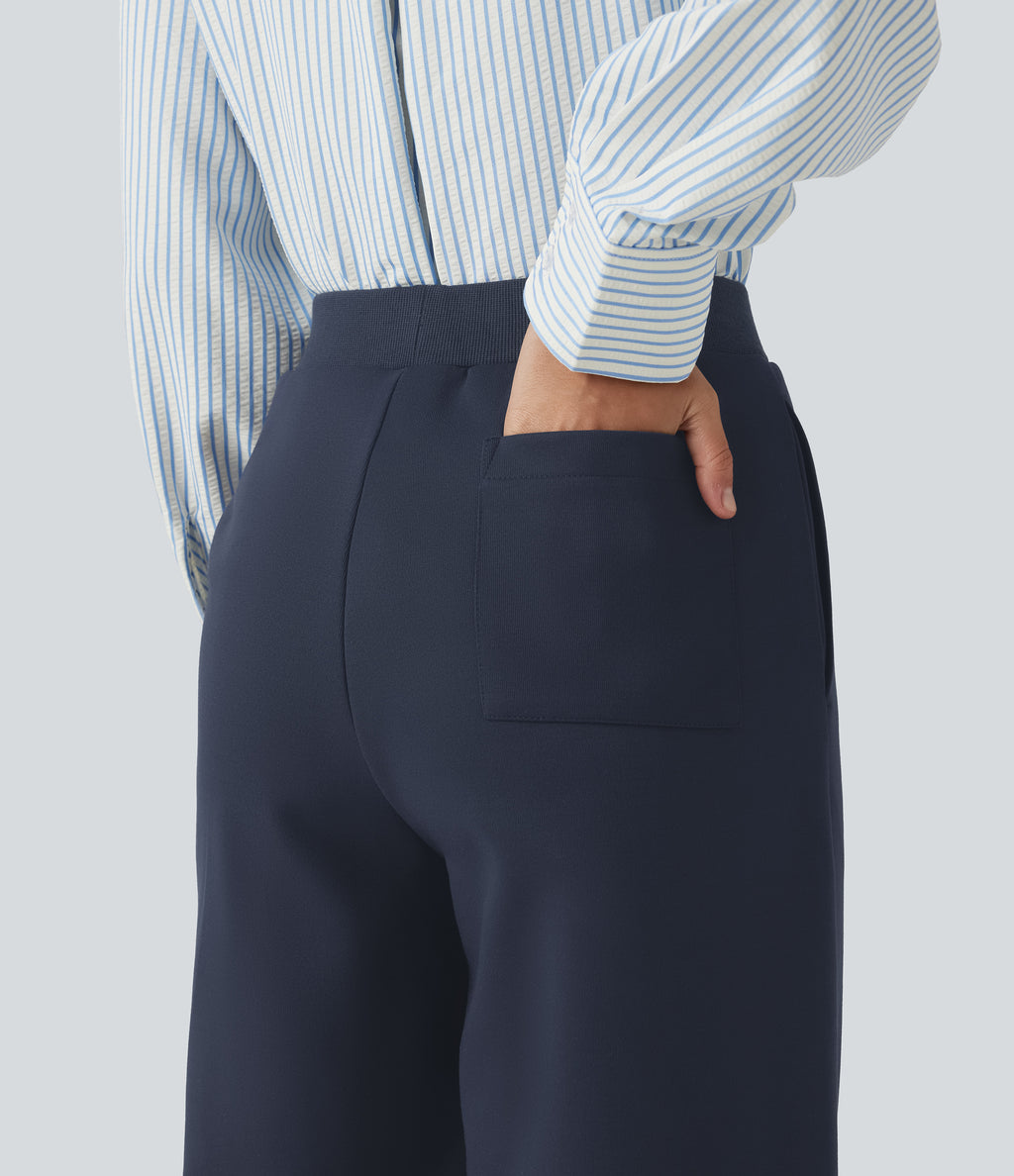 High Waisted Drawstring Straight Leg Casual Cotton Trousers with Pockets — Navy Blazer — view 4