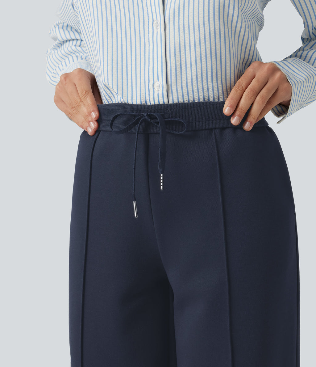 High Waisted Drawstring Straight Leg Casual Cotton Trousers with Pockets — Navy Blazer — view 6