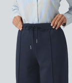 High Waisted Drawstring Straight Leg Casual Cotton Trousers with Pockets — Navy Blazer — view 6