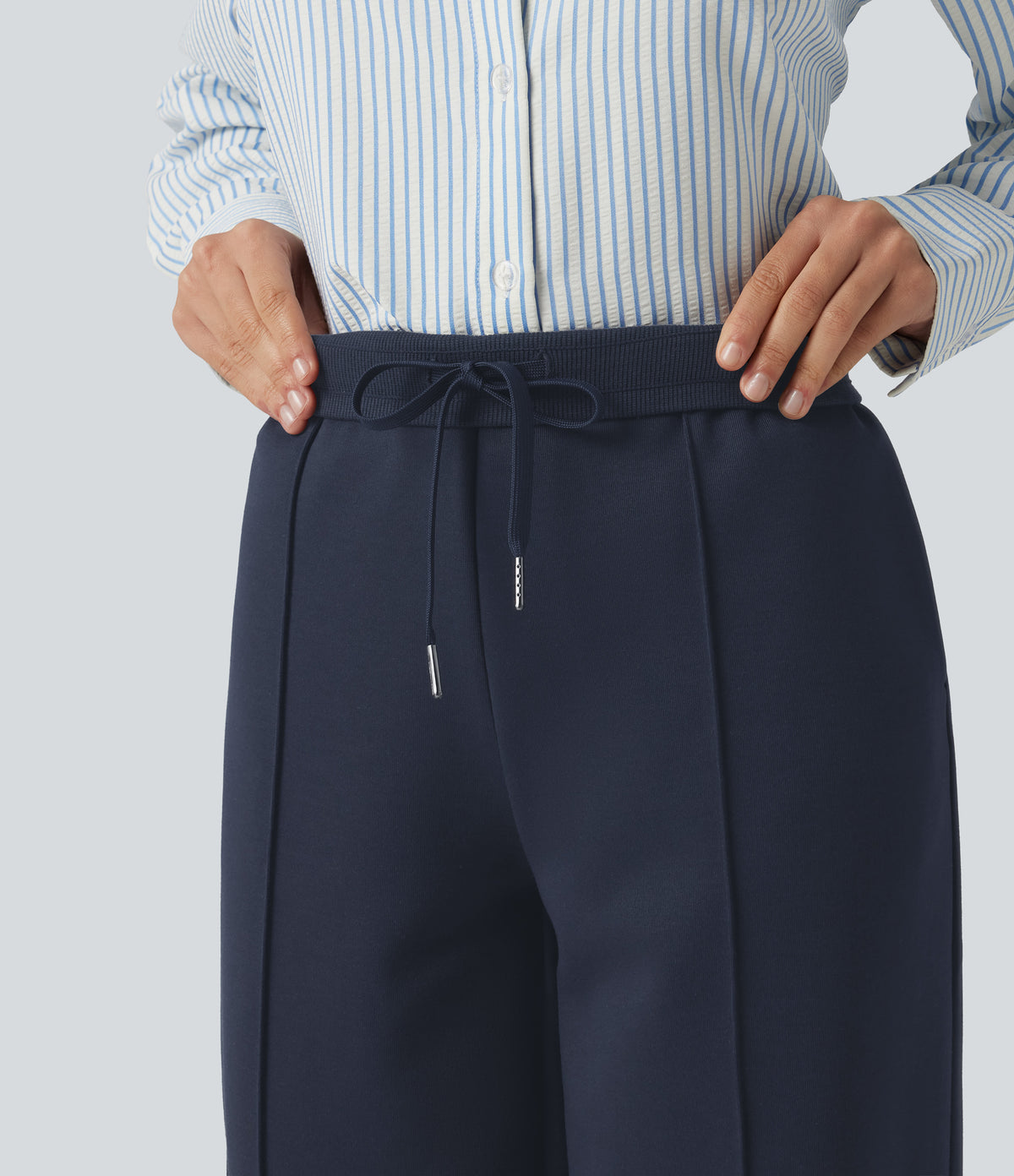 High Waisted Drawstring Straight Leg Casual Cotton Trousers with Pockets — Navy Blazer — view 6