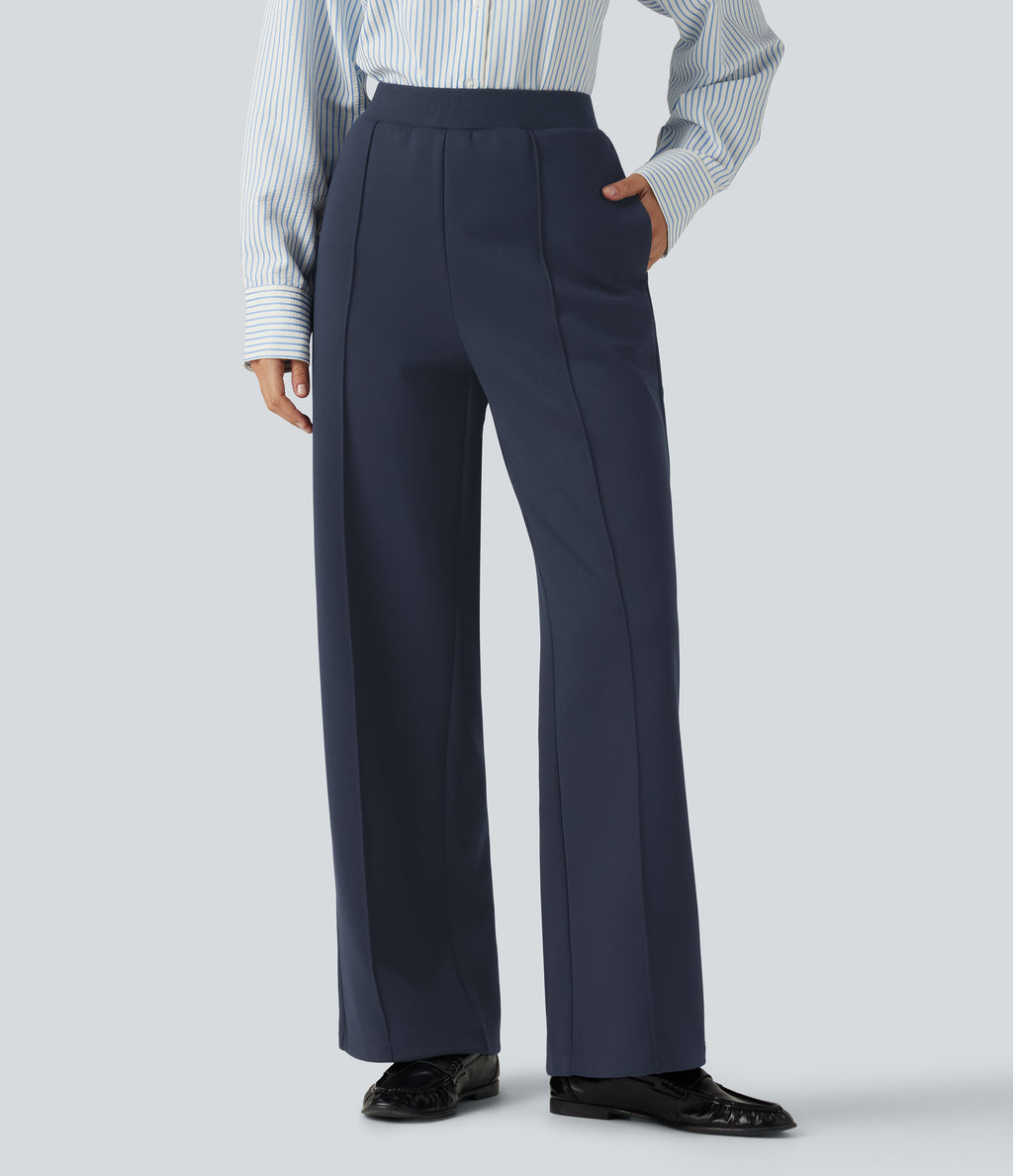 High Waisted Drawstring Straight Leg Casual Cotton Trousers with Pockets — Navy Blazer — view 1
