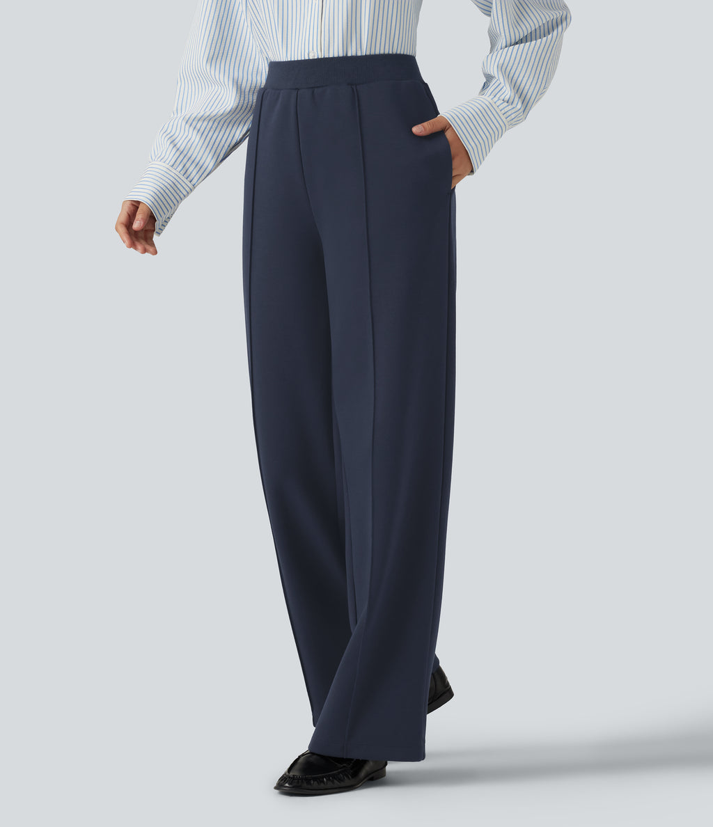 High Waisted Drawstring Straight Leg Casual Cotton Trousers with Pockets — Navy Blazer — view 3