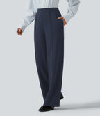 High Waisted Drawstring Straight Leg Casual Cotton Trousers with Pockets — Navy Blazer — view 3