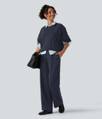 High Waisted Drawstring Straight Leg Casual Cotton Trousers with Pockets — Navy Blazer — view 7