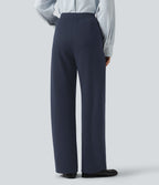 High Waisted Drawstring Straight Leg Casual Cotton Trousers with Pockets — Navy Blazer — view 2