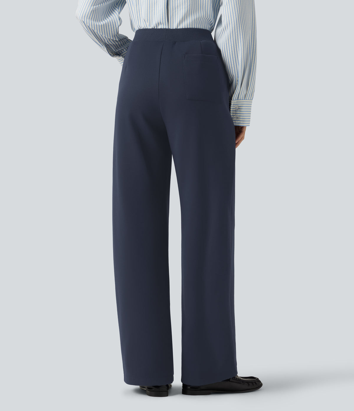 High Waisted Drawstring Straight Leg Casual Cotton Trousers with Pockets — Navy Blazer — view 2
