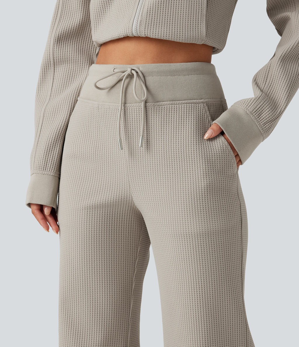 High Waisted Drawstring Waffle Baggy Casual Trousers with Pockets — Moonstruck — view 4