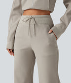 High Waisted Drawstring Waffle Baggy Casual Trousers with Pockets — Moonstruck — view 4