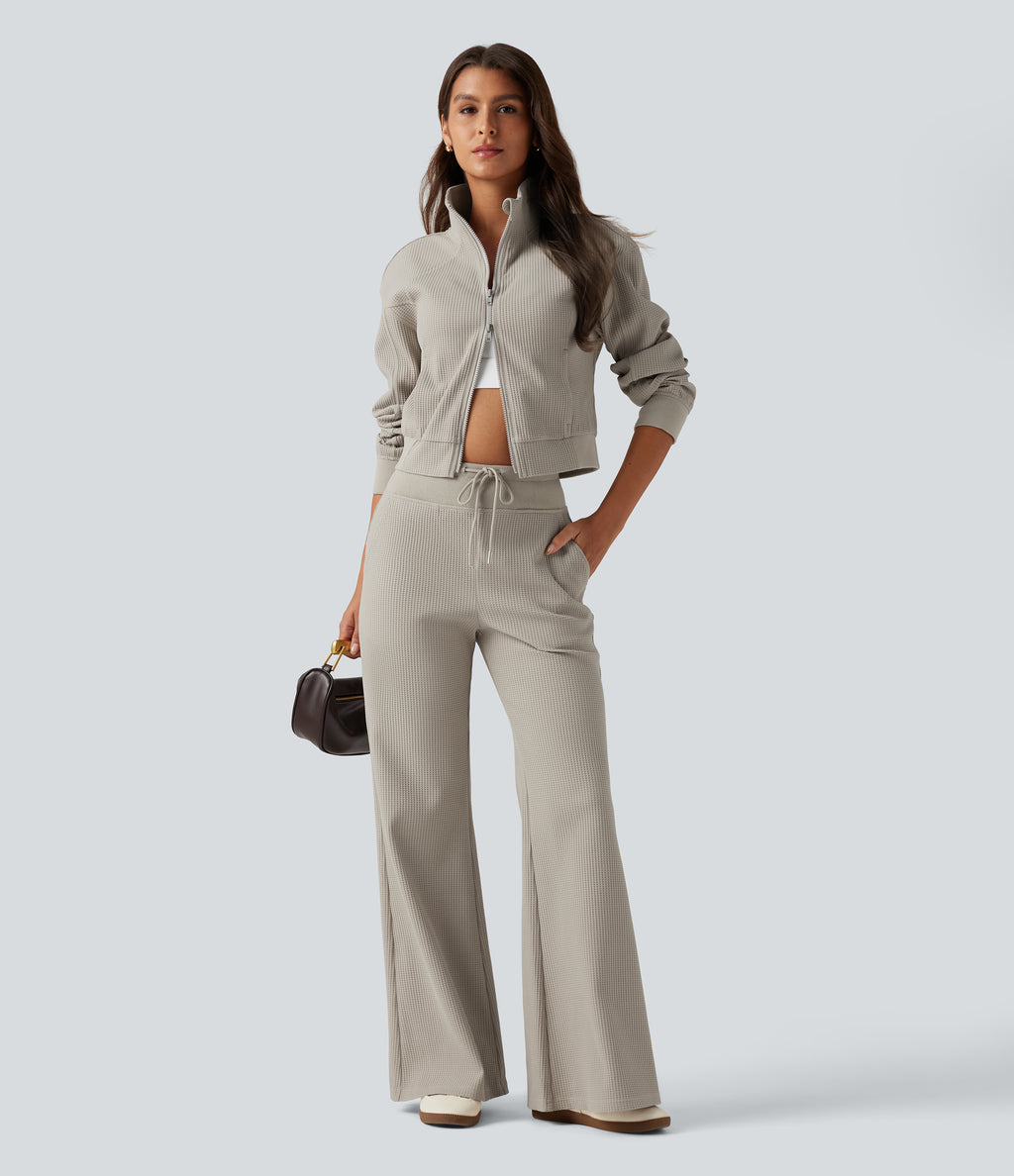 High Waisted Drawstring Waffle Baggy Casual Trousers with Pockets — Moonstruck — view 6