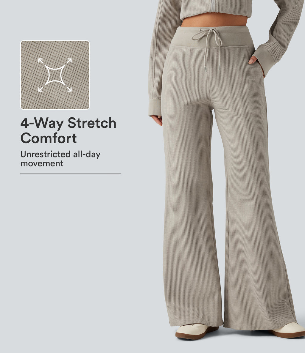 High Waisted Drawstring Waffle Baggy Casual Trousers with Pockets — Moonstruck — view 1