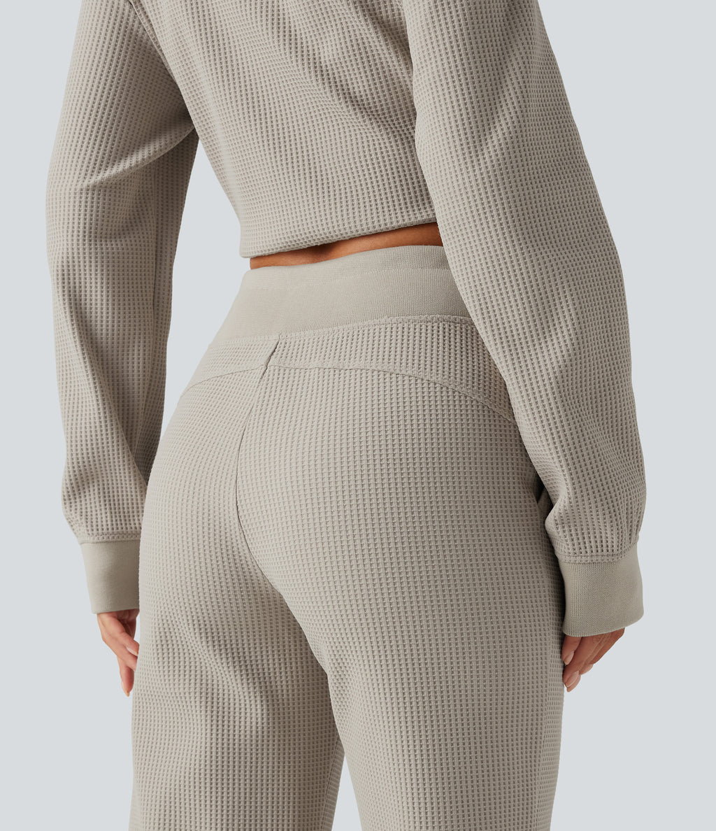 High Waisted Drawstring Waffle Baggy Casual Trousers with Pockets — Moonstruck — view 5