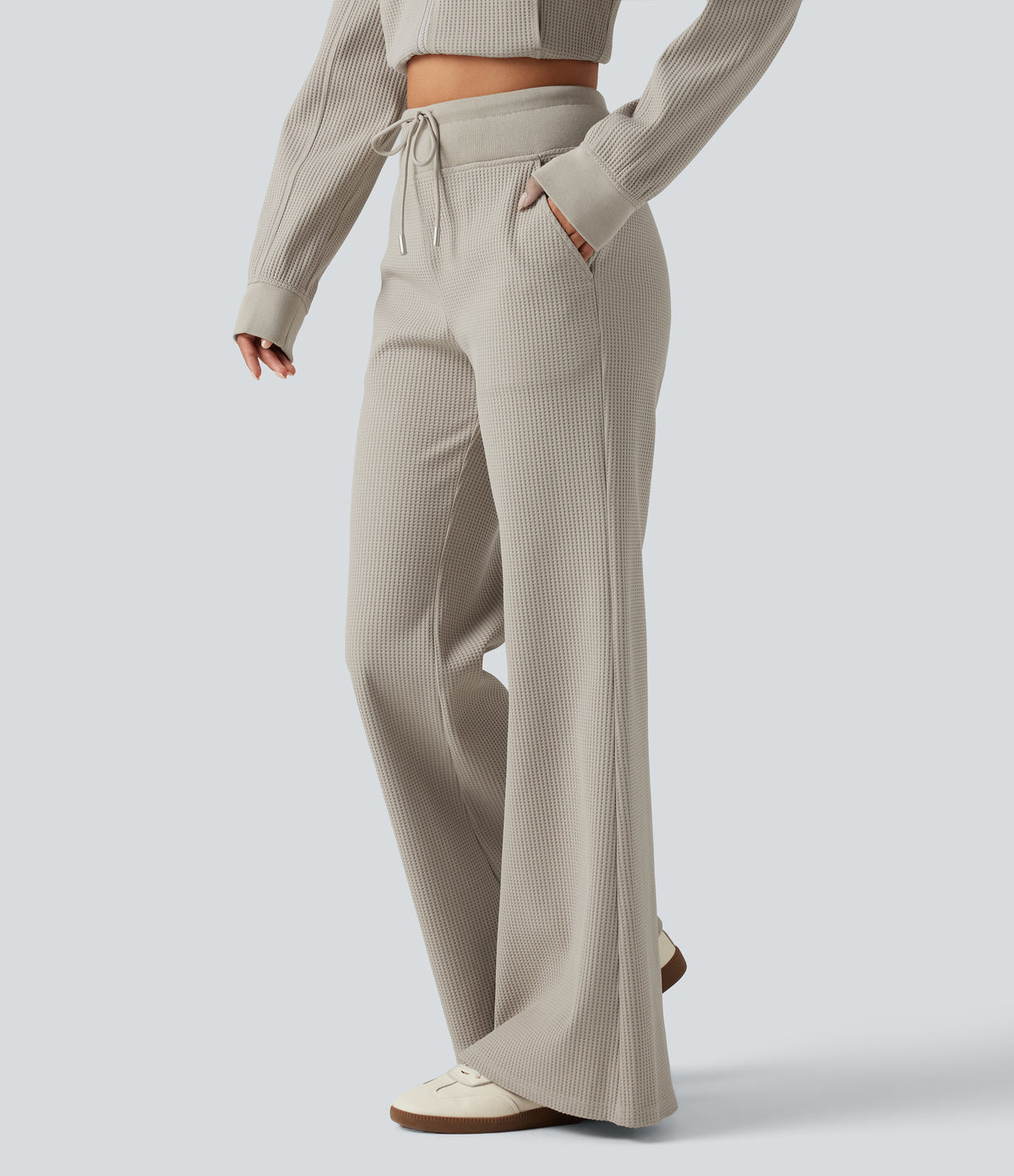 High Waisted Drawstring Waffle Baggy Casual Trousers with Pockets — Moonstruck — view 3